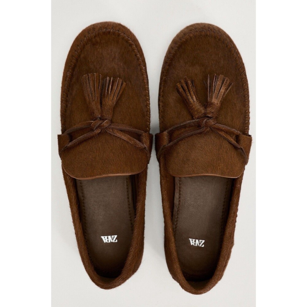 Zara Hair-On Cowhide Leather Tassel Loafers Brown NWT Women Size US 6.5 EUR 37